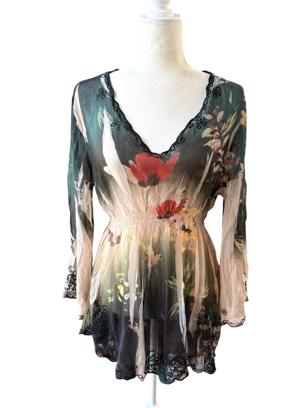 Y2K Mushka Sienna Rose Fairycore Floral Sheer Embroidered Boho Tunic Blouse XL